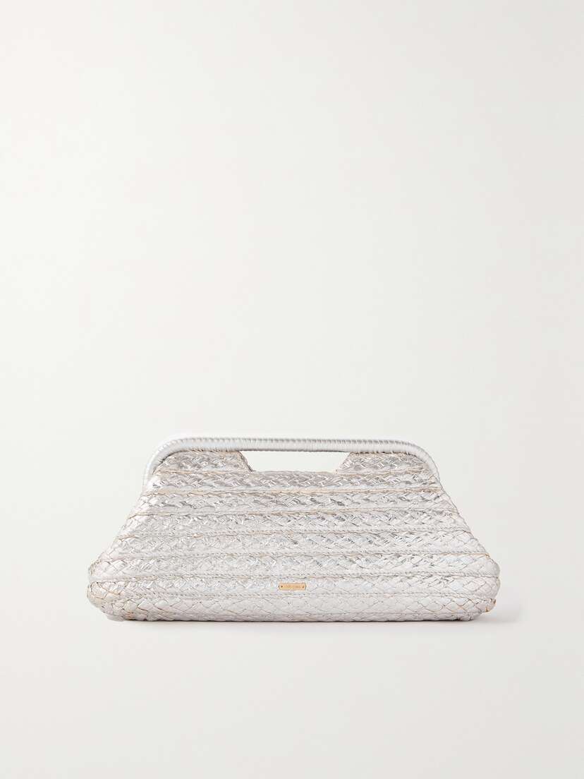 Cult Gaia Aurora Large Leather-trimmed Metallic Raffia Clutch