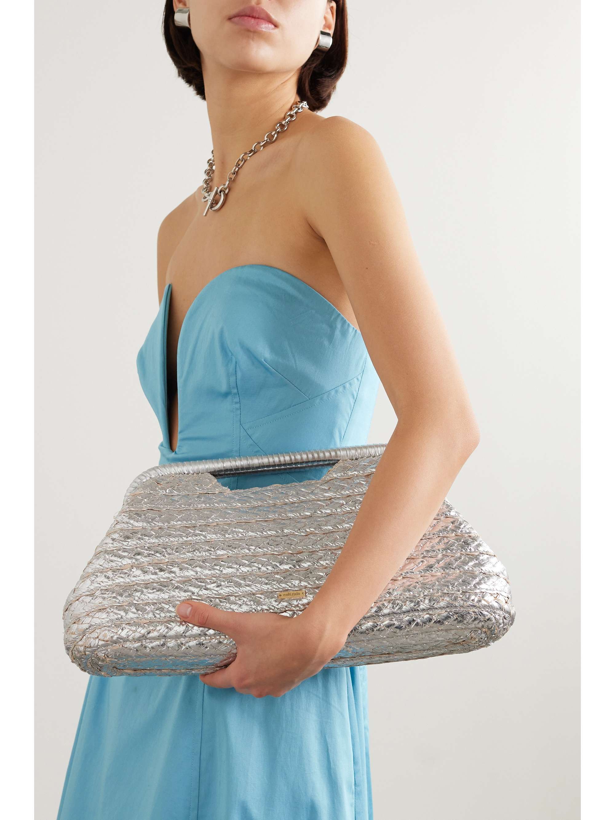 CULT GAIA Aurora large leather trimmed metallic raffia clutch