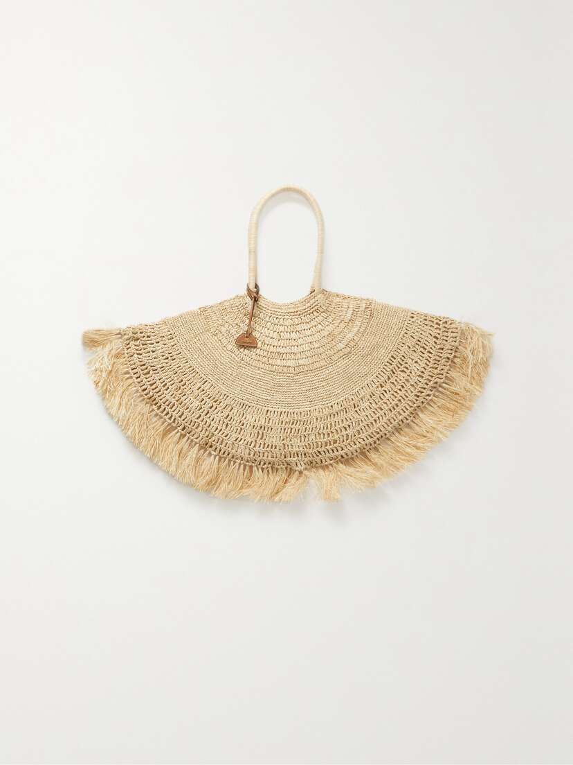 Cult Gaia Lucia Leather-trimmed Fringed Raffia Tote