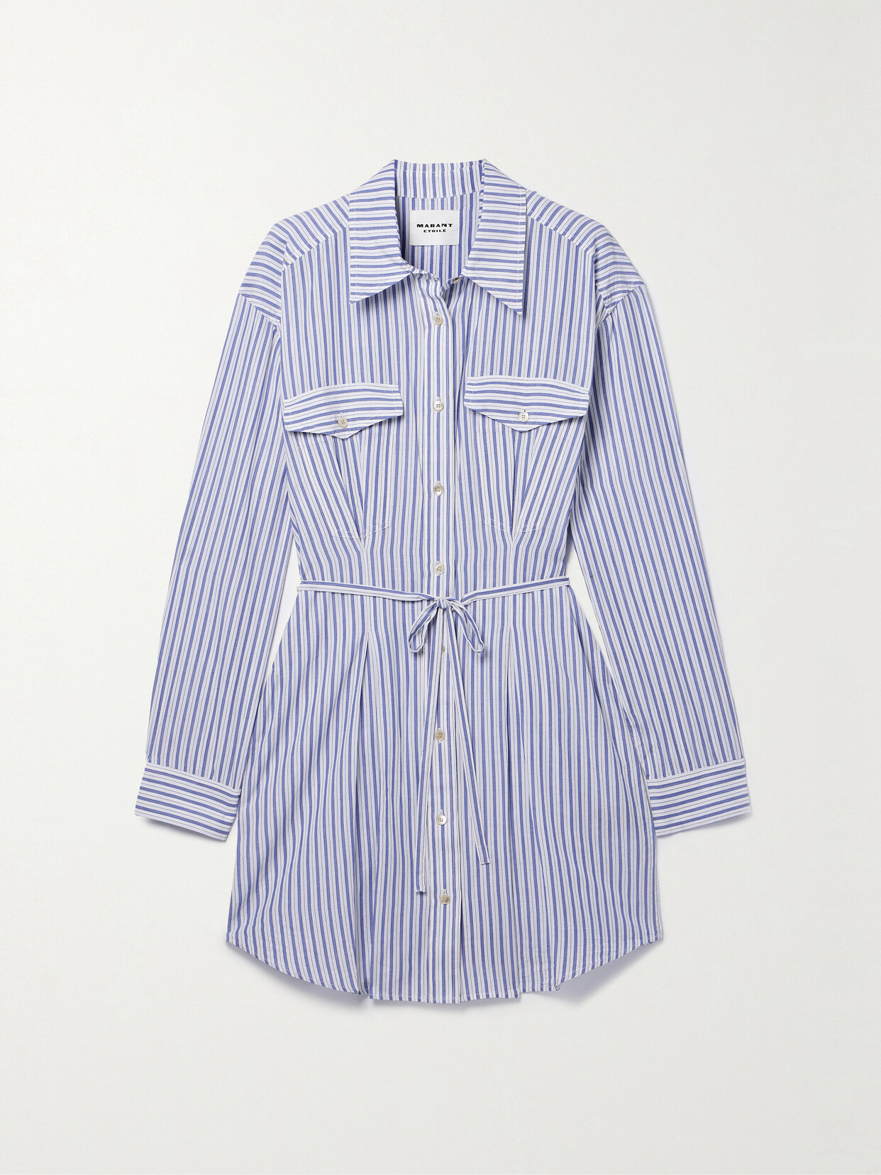 Marant Etoile Liliane Belted Striped Cotton-poplin Mini Shirt Dress In Blue