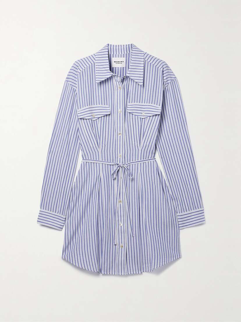 Marant Étoile Liliane Belted Striped Cotton-poplin Mini Shirt Dress