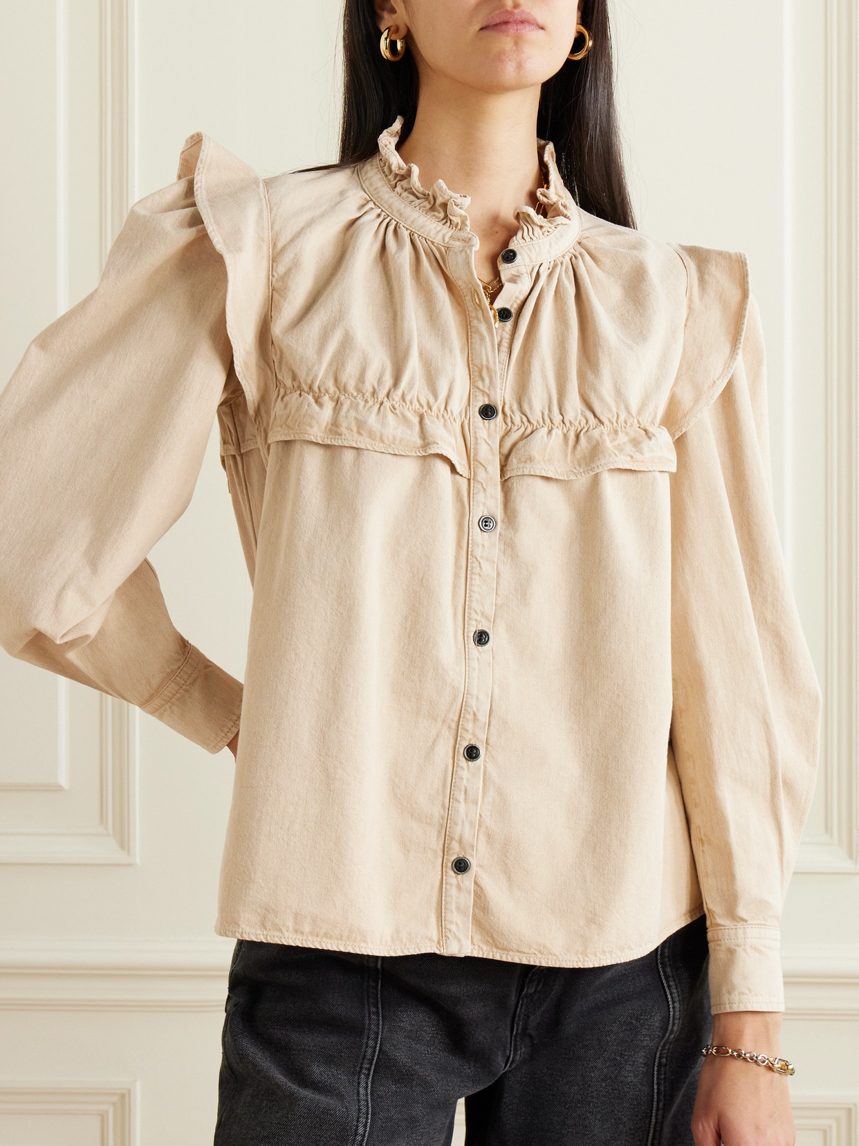 ISABEL MARANT ÉTOILE IDETY RUFFLED COTTON-CHAMBRAY BLOUSE