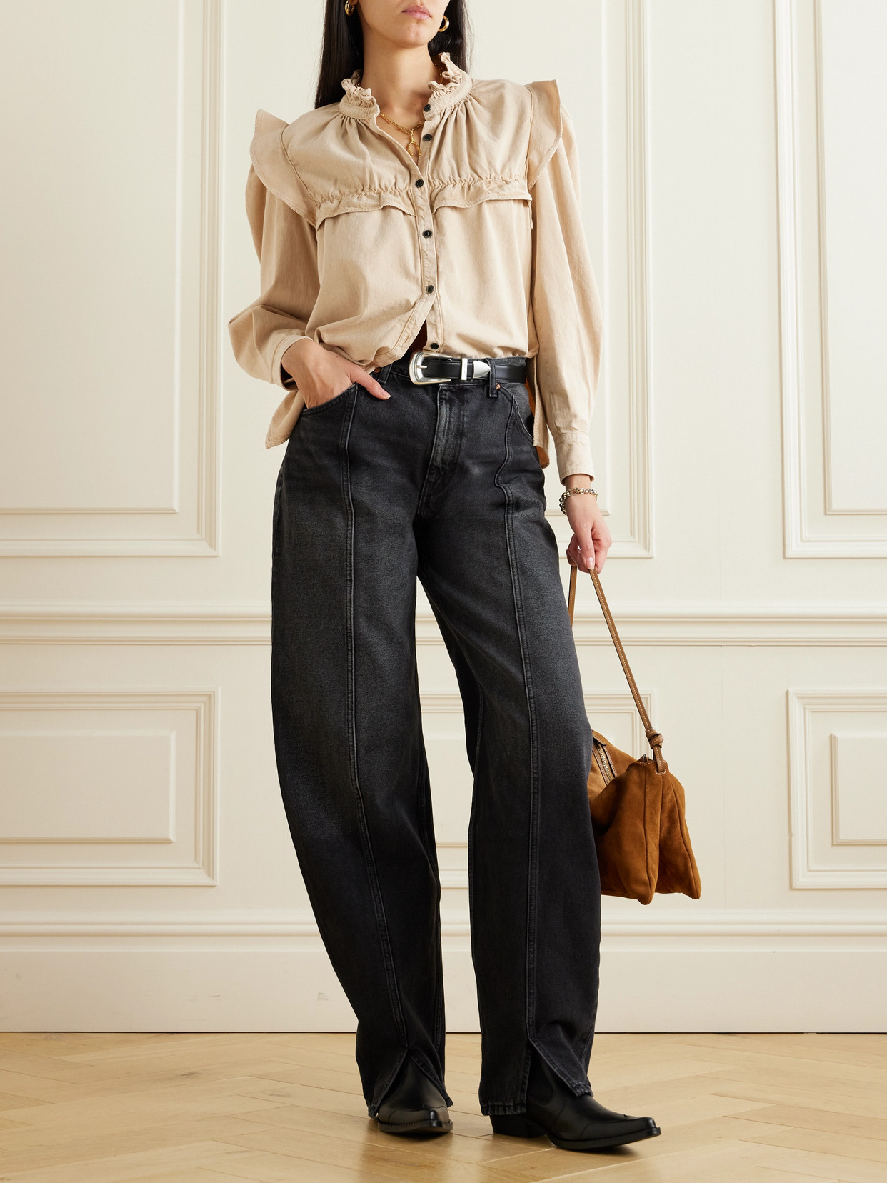 ISABEL MARANT ÉTOILE IDETY RUFFLED COTTON-CHAMBRAY BLOUSE