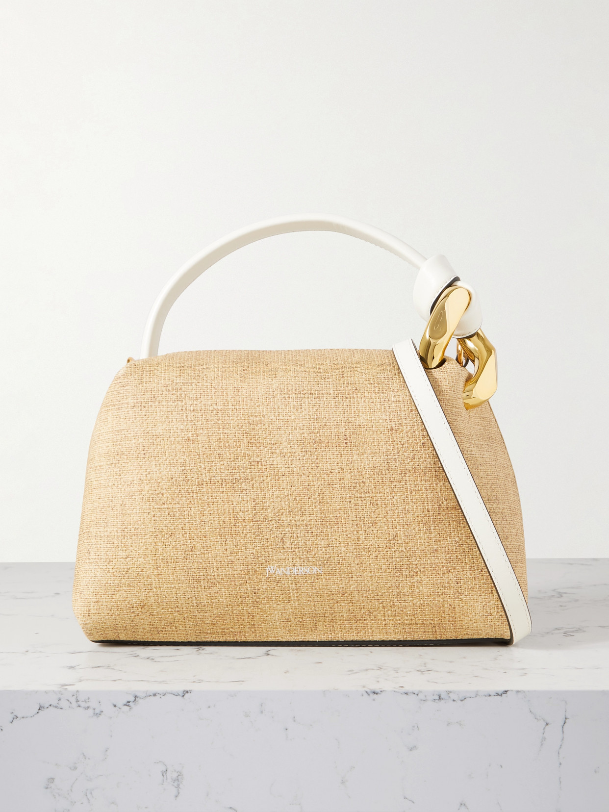 Jw Anderson Jwa Corner Small Chain-embellished Printed Textured-leather Shoulder Bag In Sand