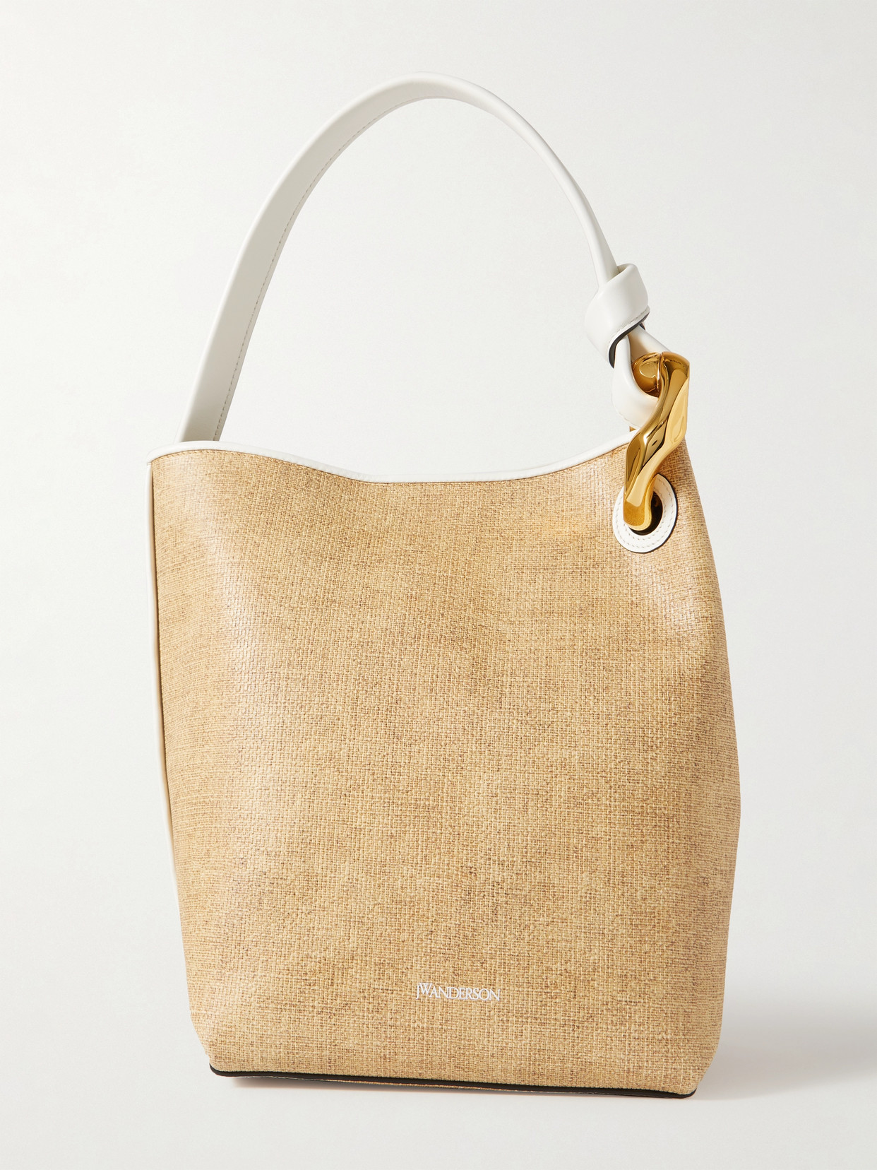 Jw Anderson Jwa Corner Chain-embellished Printed Textured-leather Bucket Bag In Neutrals