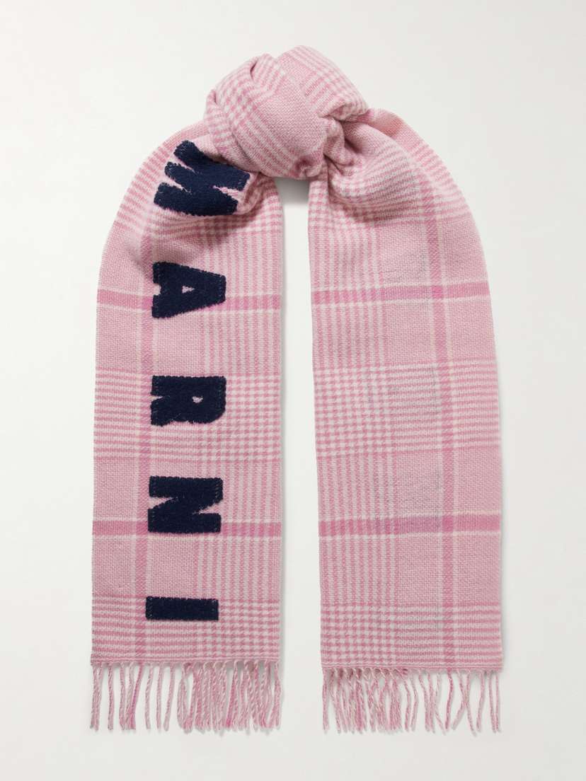 Marni Fringed Embroidered Prince Of Wales Checked Wool Scarf