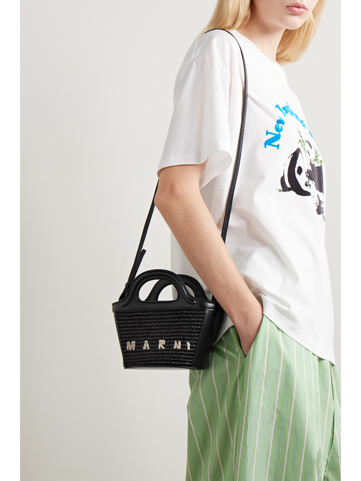 Marni Tropicalia Micro Leather And Embroidered Faux Raffia Tote In Black
