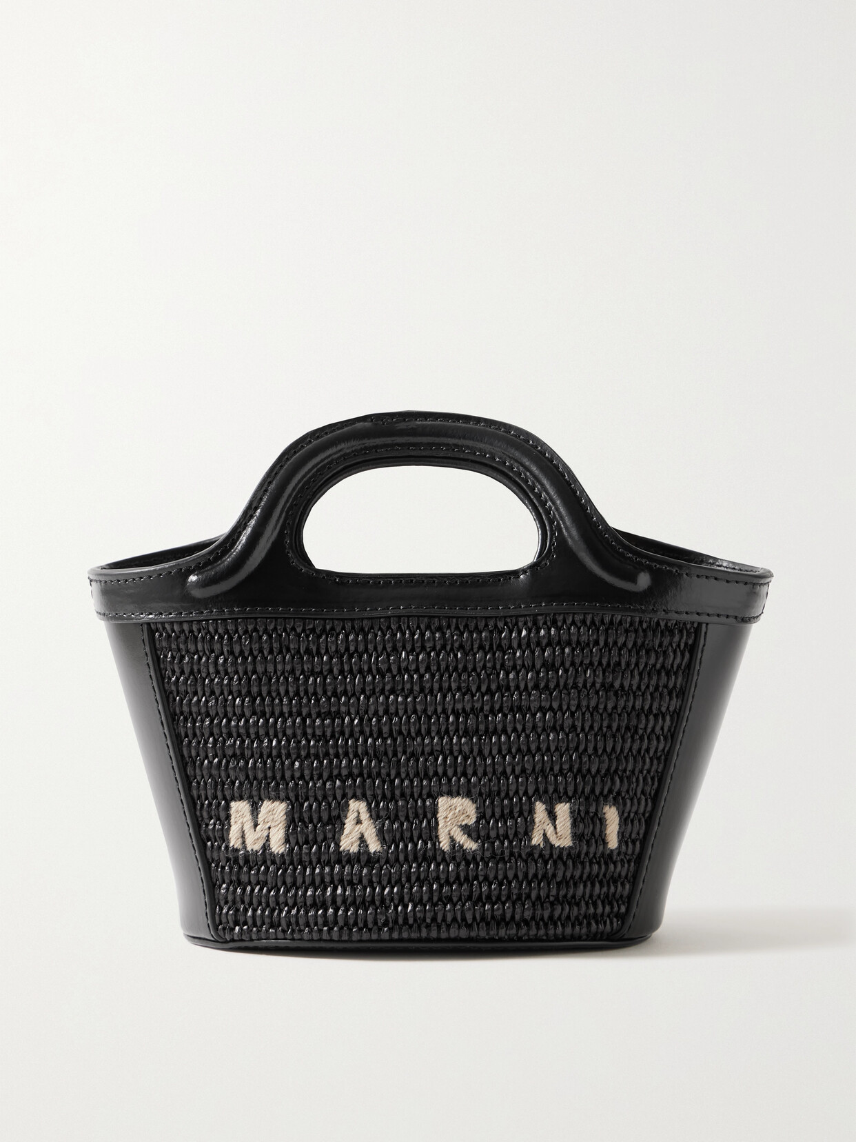 Marni Tropicalia Micro Leather And Embroidered Faux Raffia Tote In Black