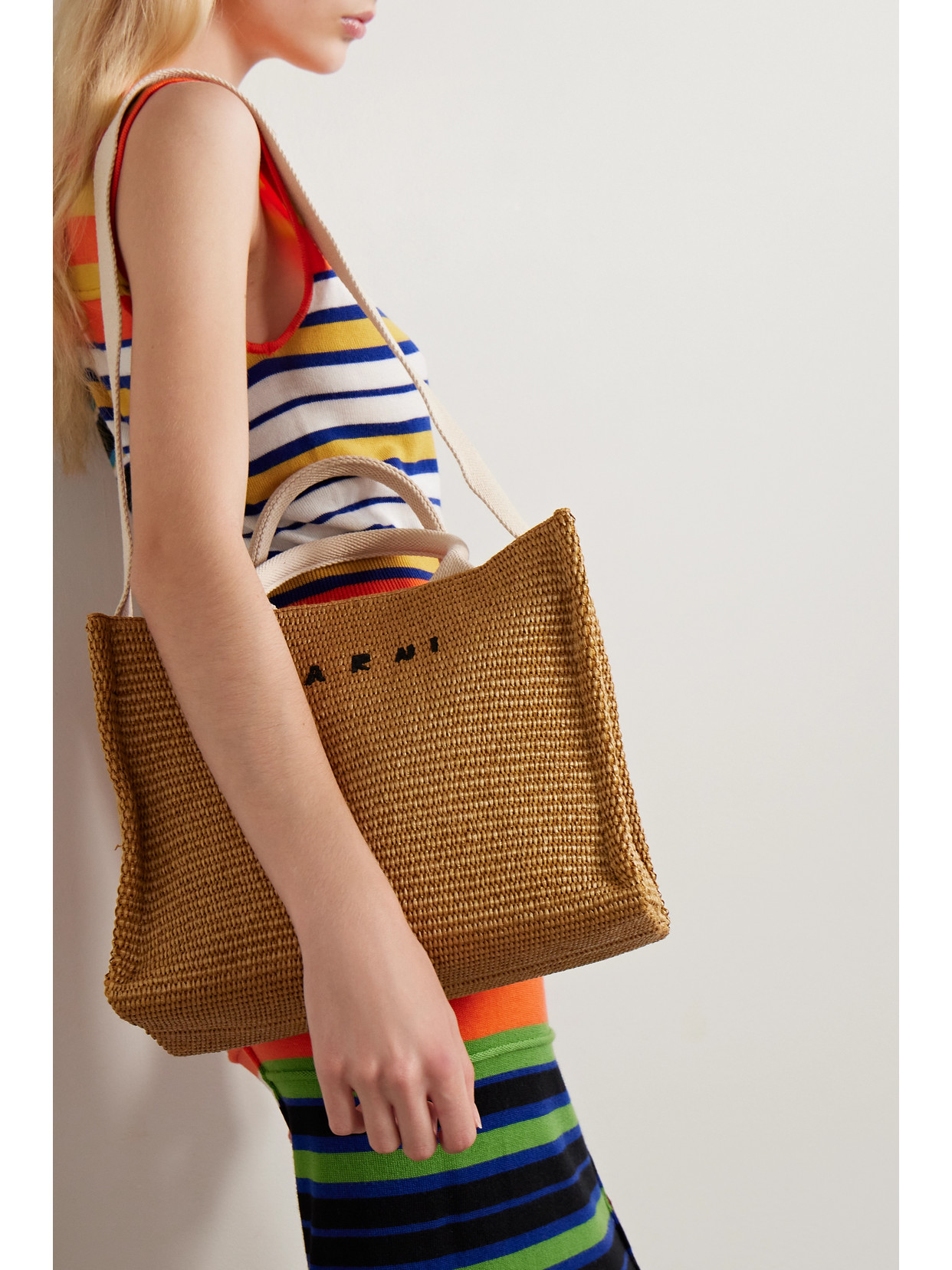 Marni Basket Small Canvas-trimmed Embroidered Faux Raffia Tote In Neutrals