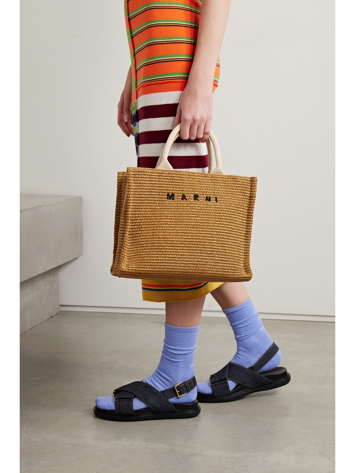 Marni Basket Small Canvas-trimmed Embroidered Faux Raffia Tote In Neutrals