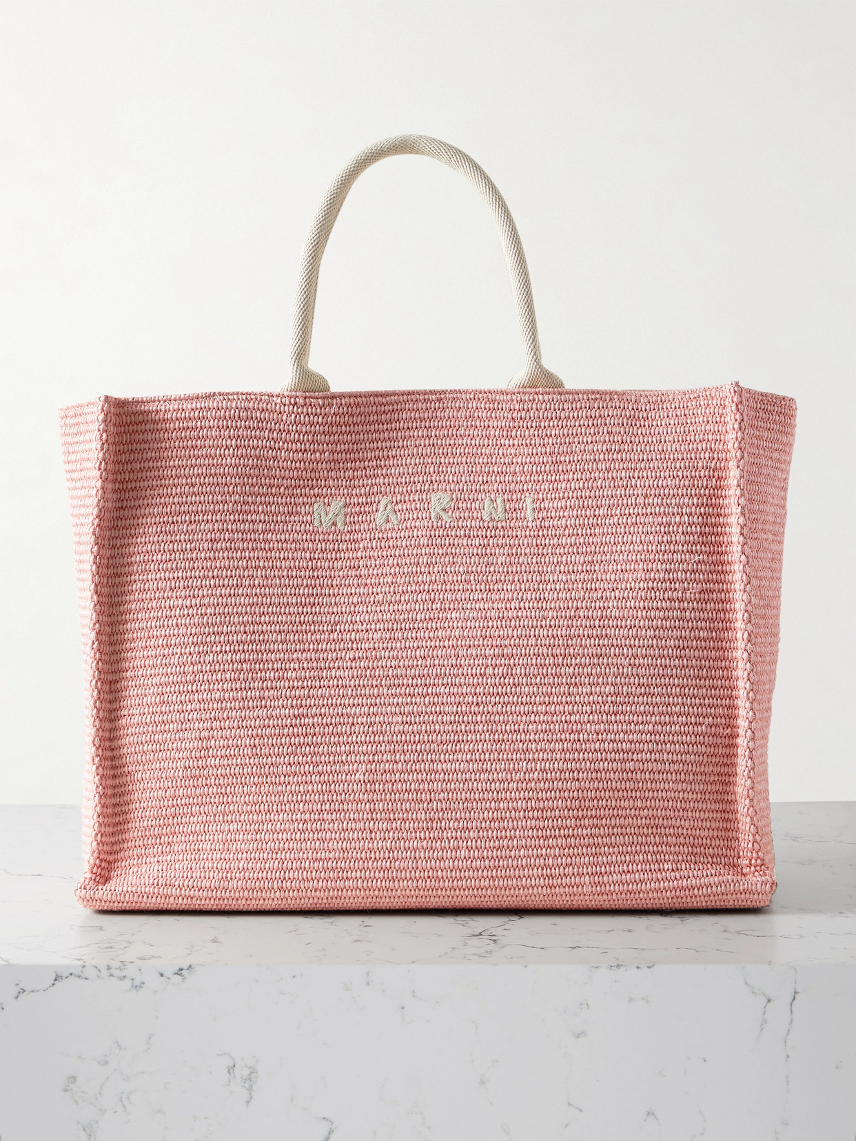 Shop Marni Basket Large Canvas-trimmed Embroidered Faux Raffia Tote In Pink