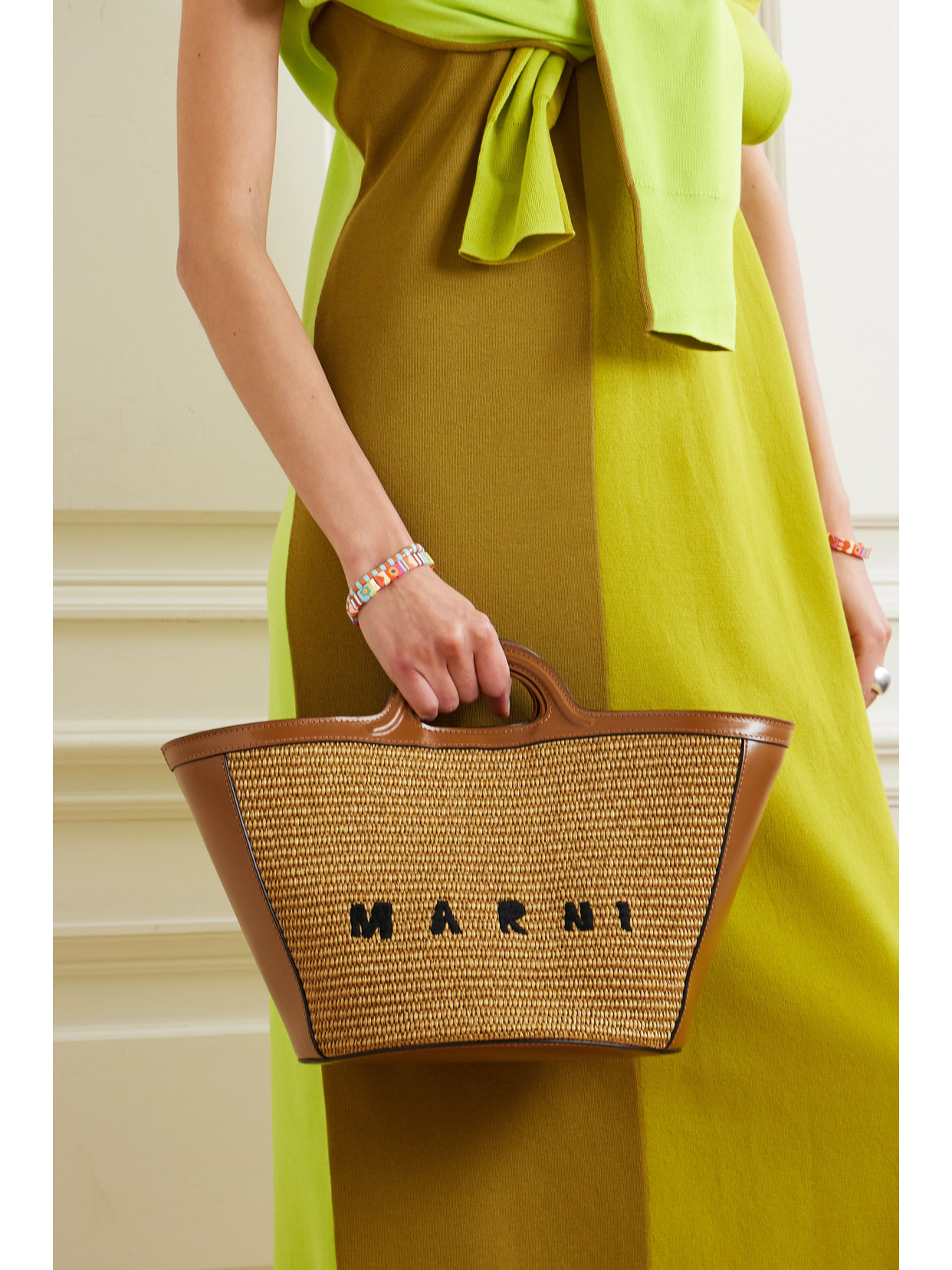 Shop Marni Tropicalia Small Leather And Embroidered Faux Raffia Tote In Neutrals