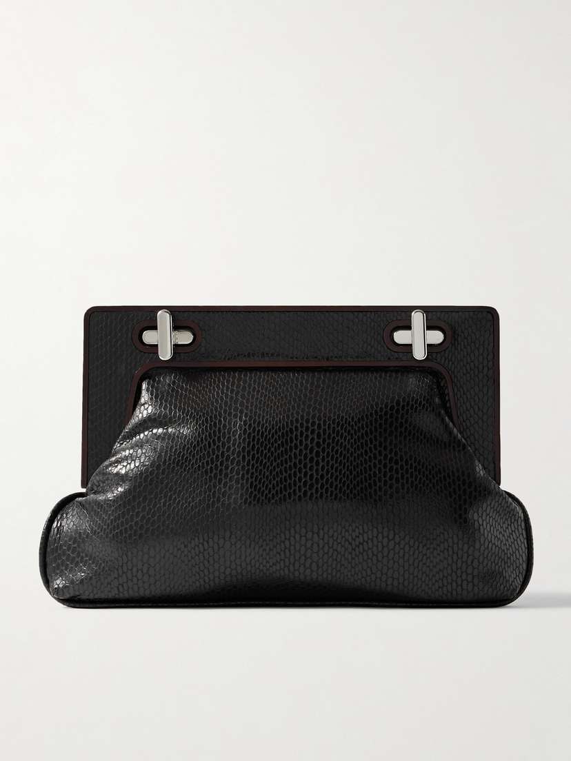 Staud Alba Wood-trimmed Snake-effect Leather Clutch