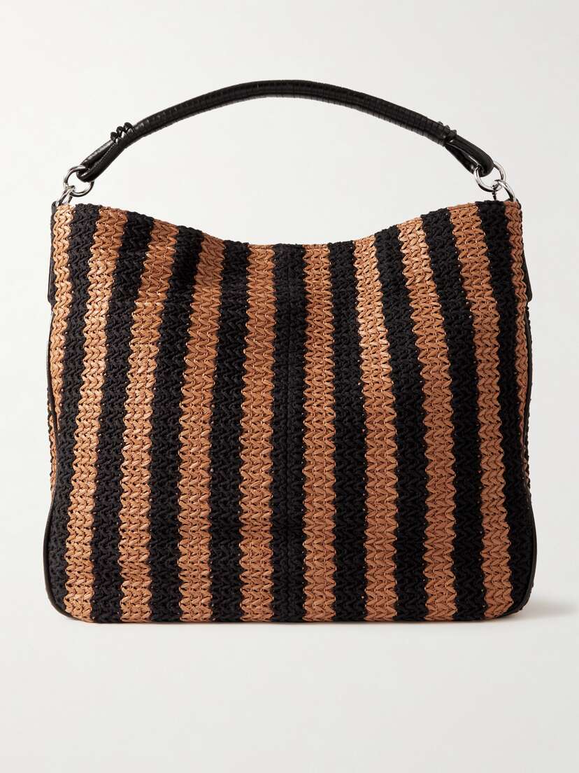 STAUD Perry Leather-trimmed Striped Woven Raffia Tote