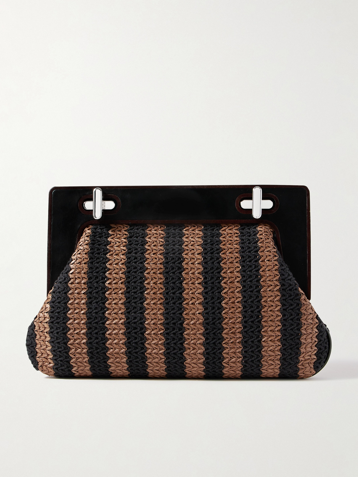 Shop Staud Alba Wood And Leather-trimmed Striped Raffia Clutch In Black