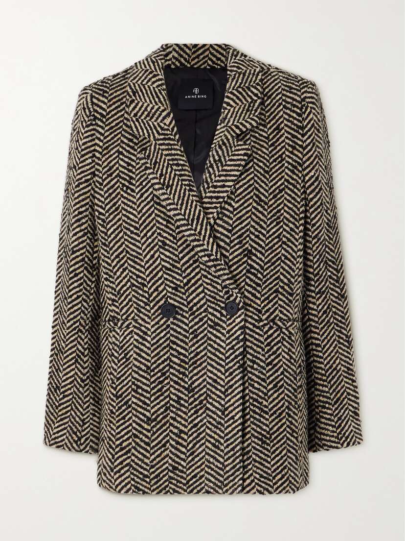 Anine Bing Diana Double-breasted Herringbone Tweed Blazer