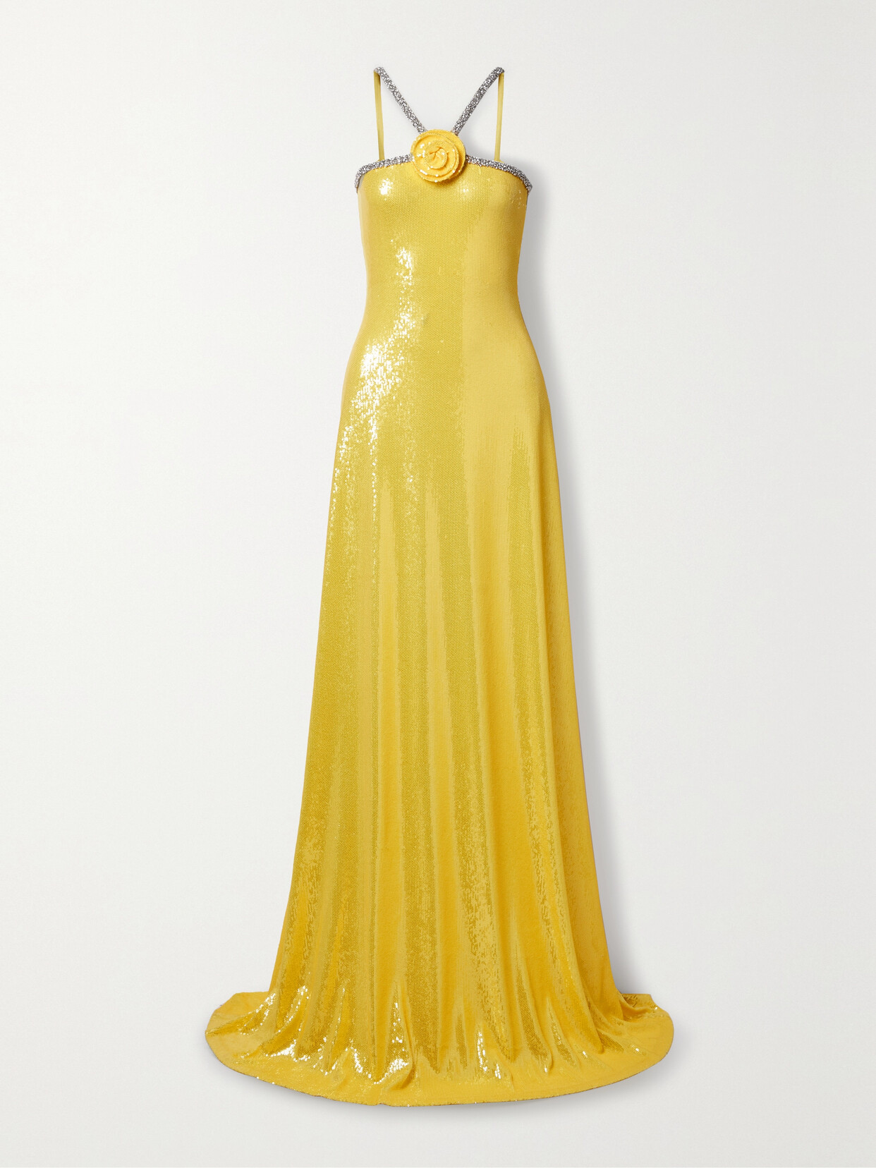 Naeem Khan Appliquéd Crystal-embellished Sequined Stretch-tulle Gown In Yellow