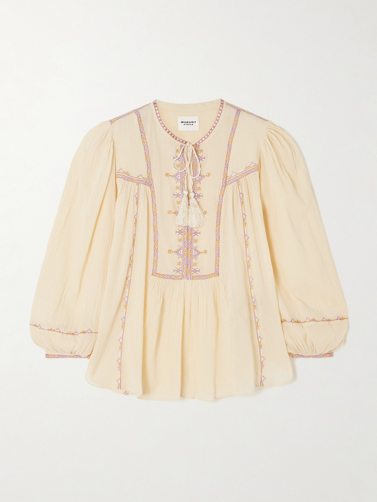 Marant Étoile - Sileka Tie-detailed Embroidered Cotton-gauze Blouse - Yellow