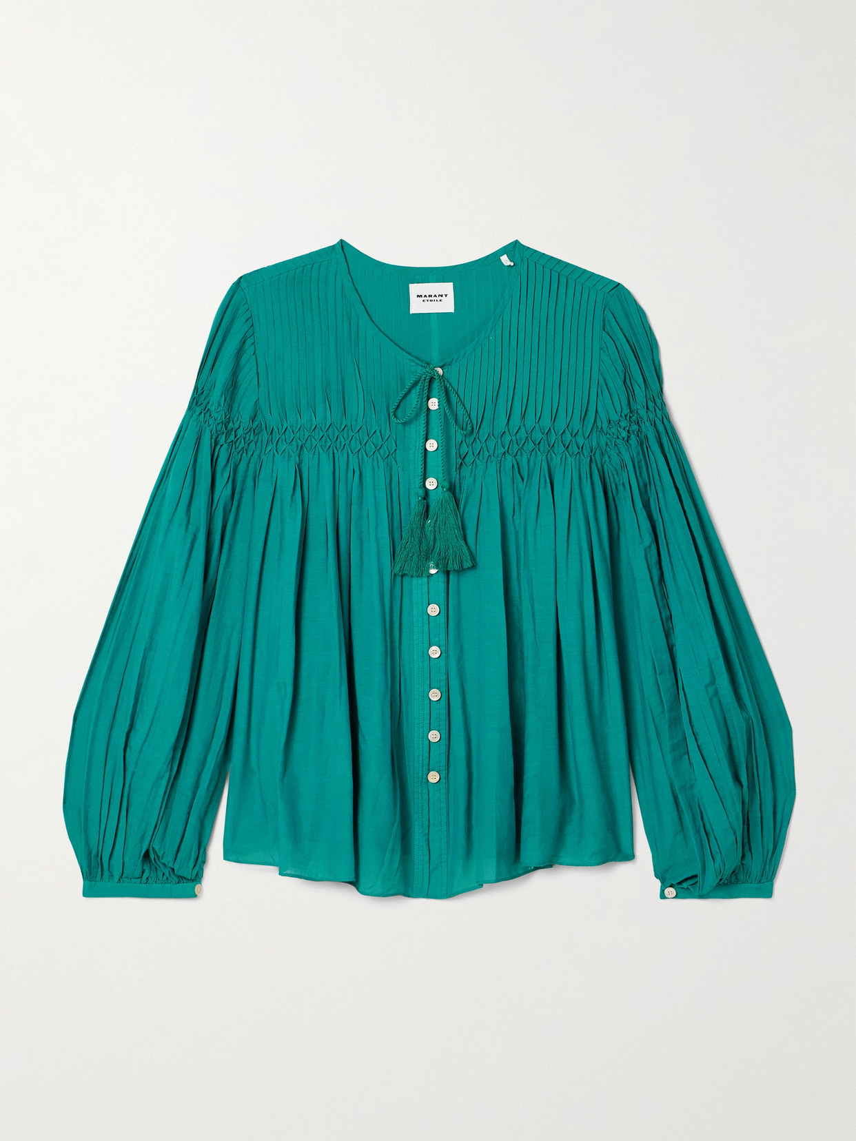 Isabel Marant Étoile Abadi Pintucked Smocked Cotton-blend Voile Blouse In Green