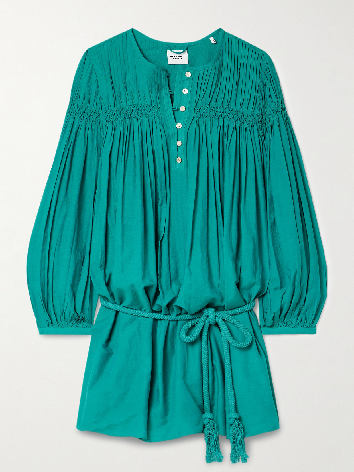 Shop Marant Etoile Adeliani Belted Pintucked Smocked Cotton-blend Voile Mini Dress In Green