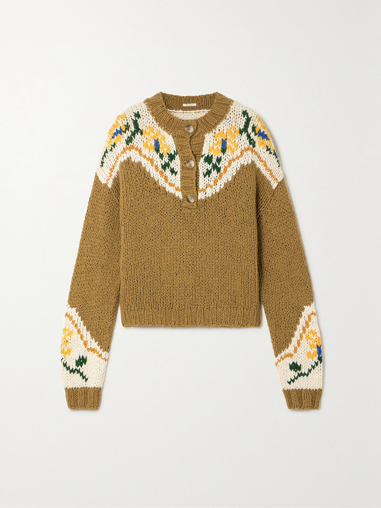 Mother The Henley Jacquard-knit Cotton Sweater In Yellow