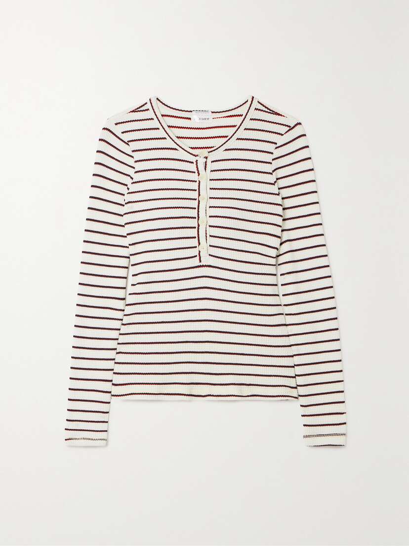 Mother The Itty Bitty Pixie Striped Waffle-knit T-shirt - x large