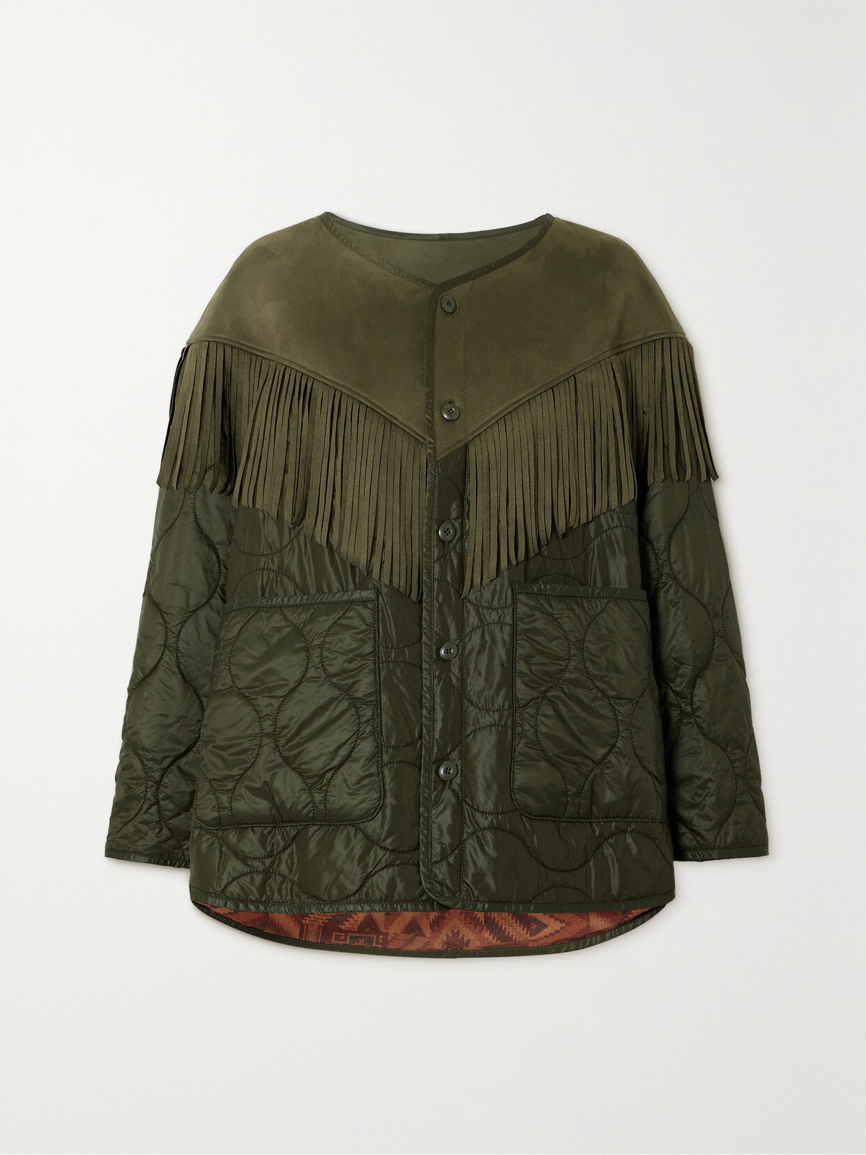 Shop Mother The Tip Off Fringed Faux Suede And Quilted Shell Jacket In Green