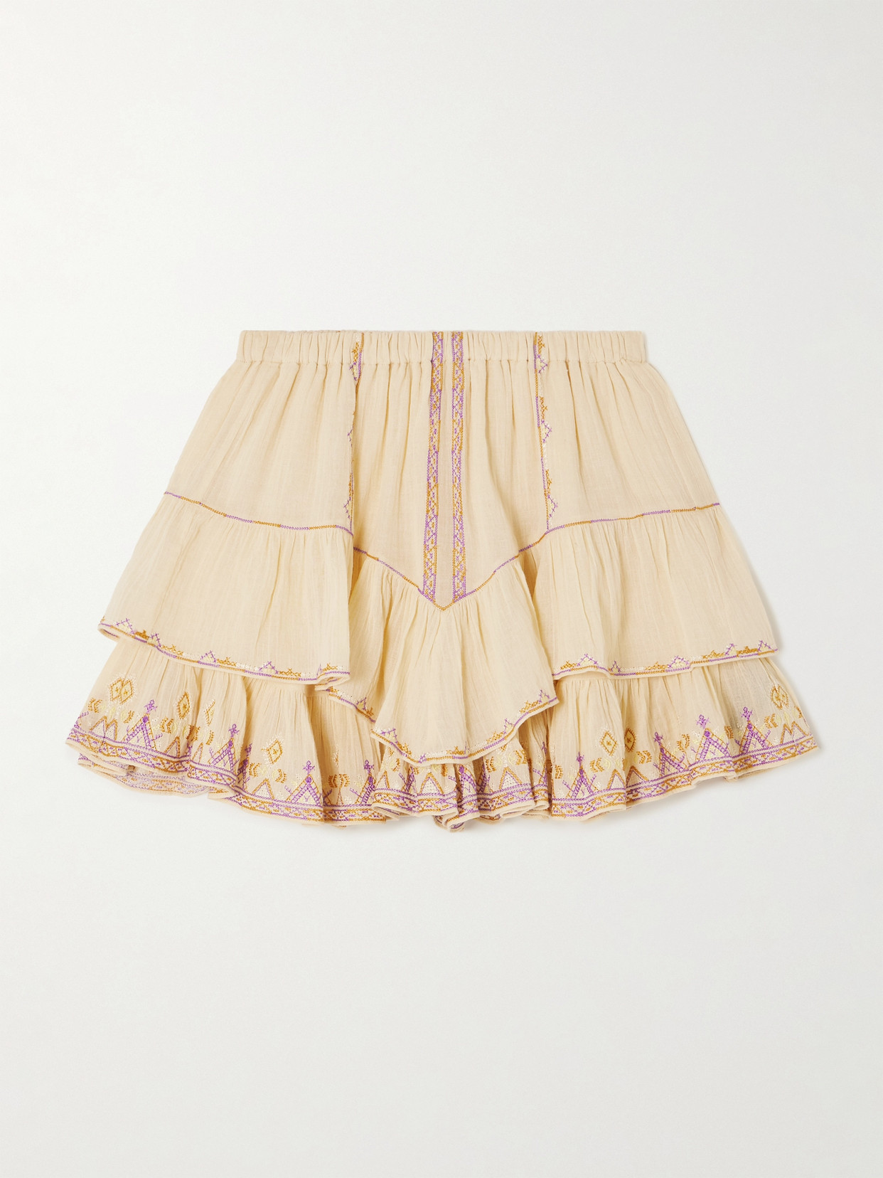 Marant Etoile Jocadia Tiered Ruffled Embroidered Cotton-gauze Shorts In Yellow