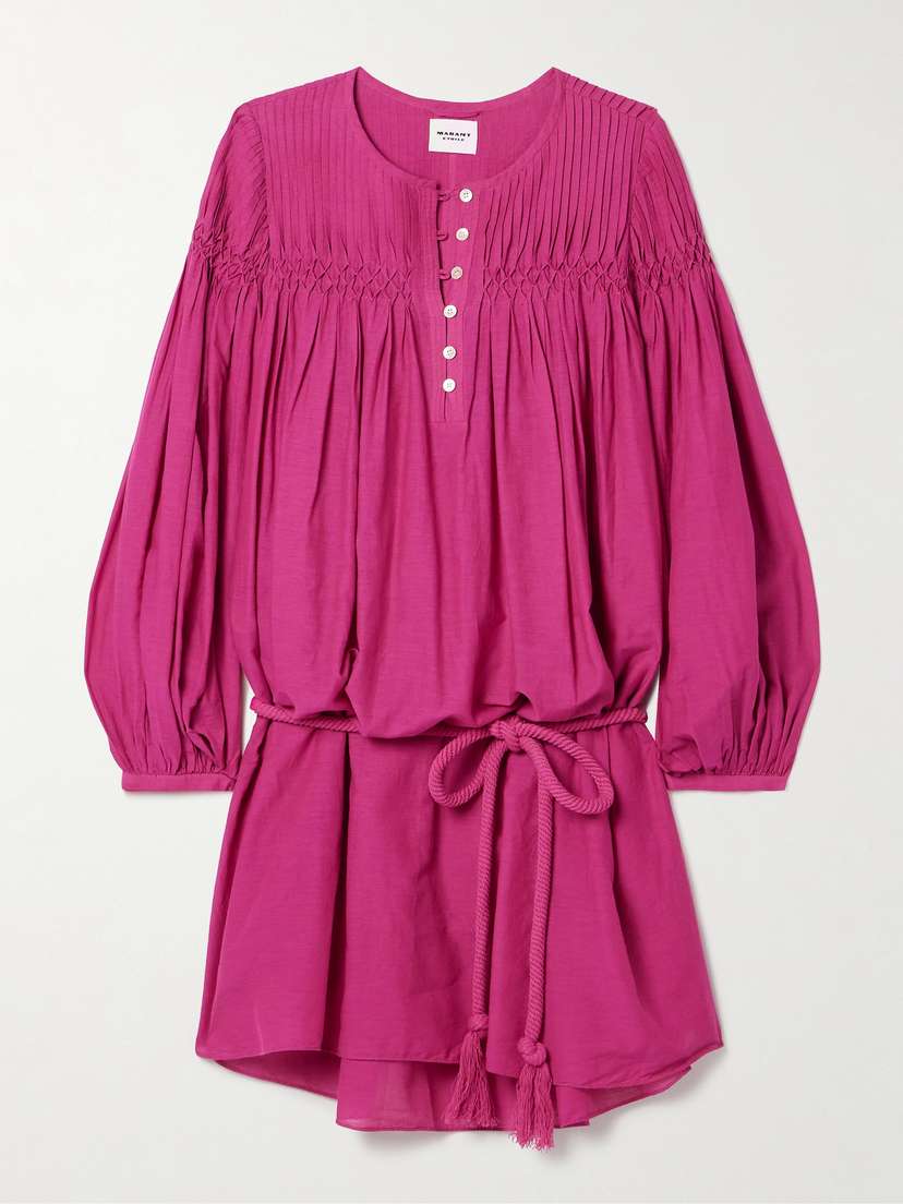 Marant Étoile Adeliani Belted Pintucked Smocked Cotton-blend Voile Mini Dress