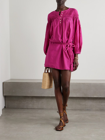 Marant Étoile Adeliani belted pintucked smocked cotton-blend voile mini dress