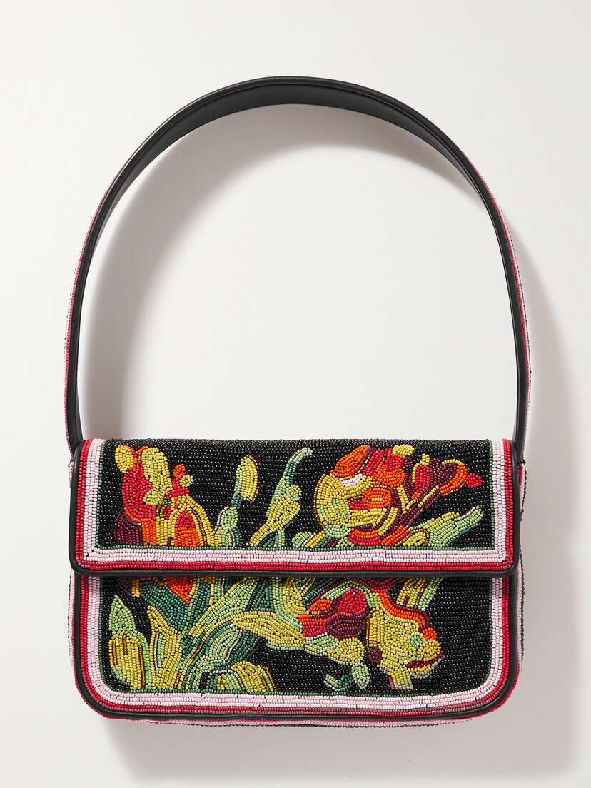 Staud Tommy Faux Leather-trimmed Beaded Satin Shoulder Bag