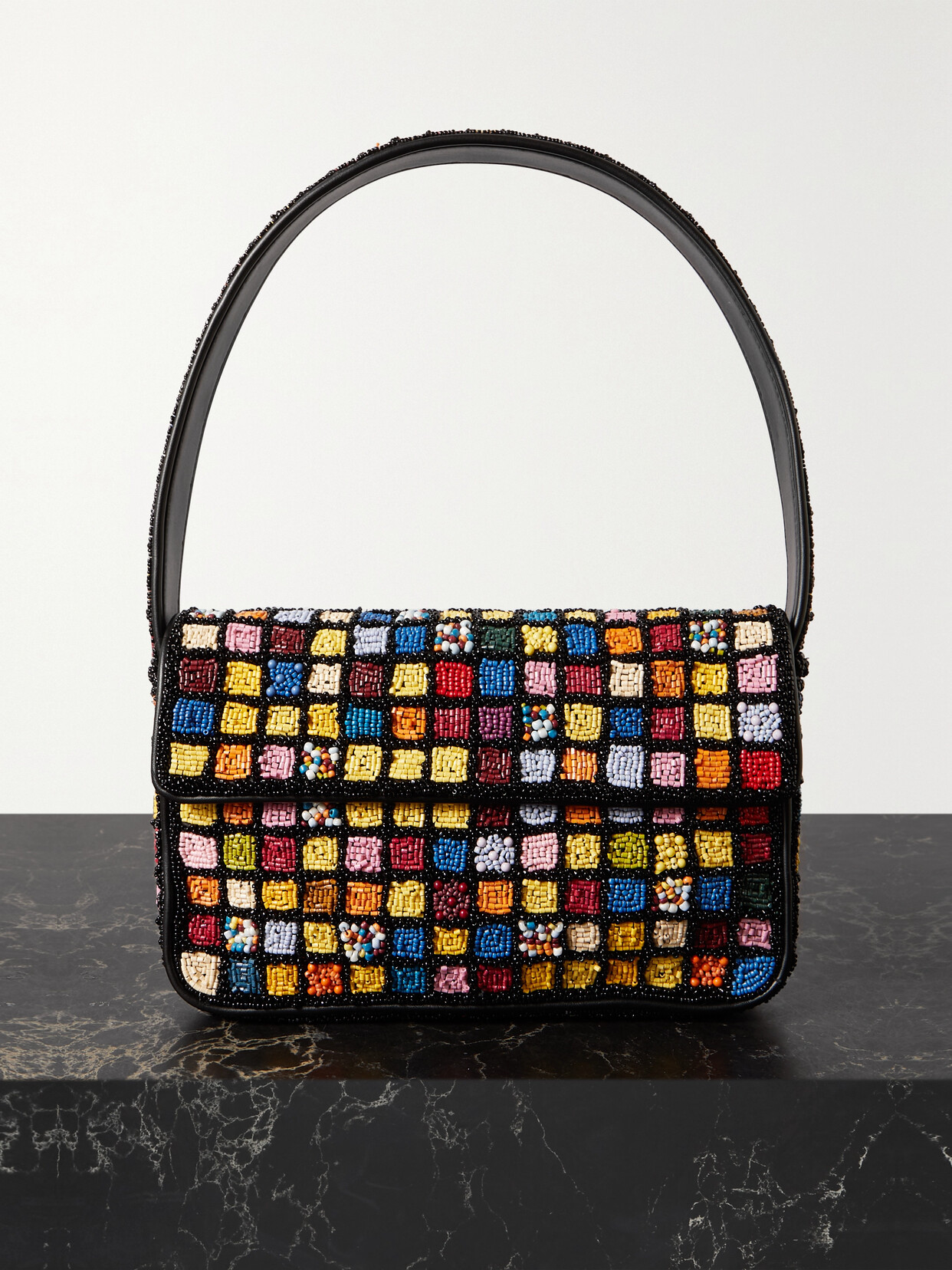 Staud Tommy Vegan Leather-trimmed Beaded Satin Shoulder Bag In Multicolour