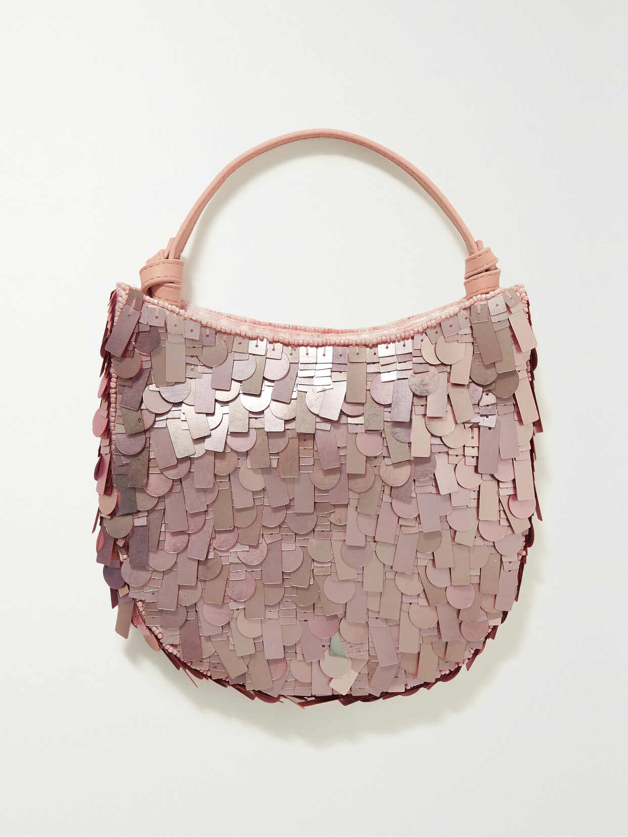 Staud Crescent Leather-trimmed Embellished Satin Tote In Pink