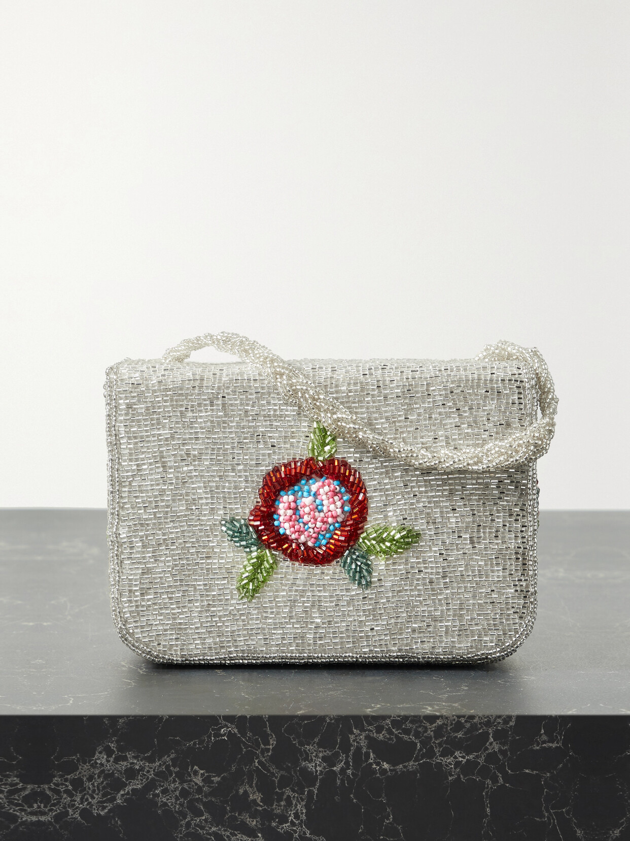 STAUD - Carmen Beaded Satin Tote - Silver