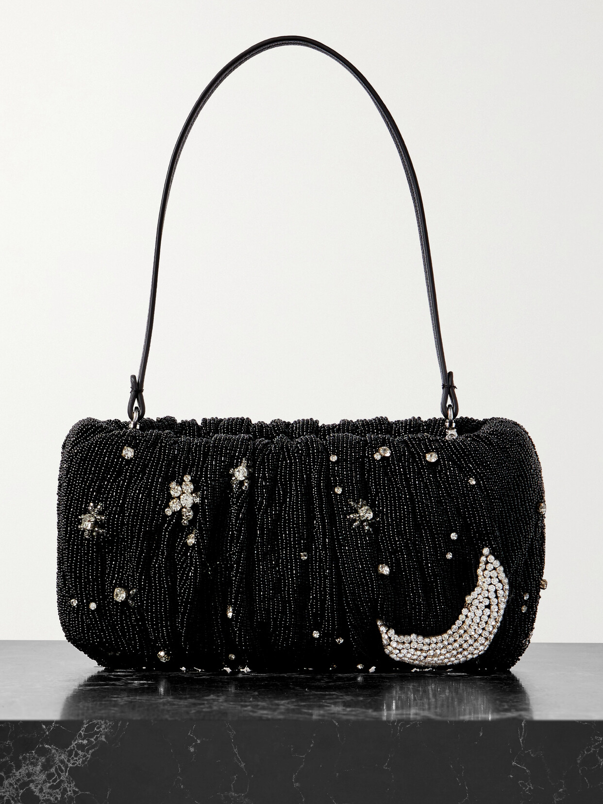 Staud Bean Leather-trimmed Embellished Beaded Satin Shoulder Bag In Black