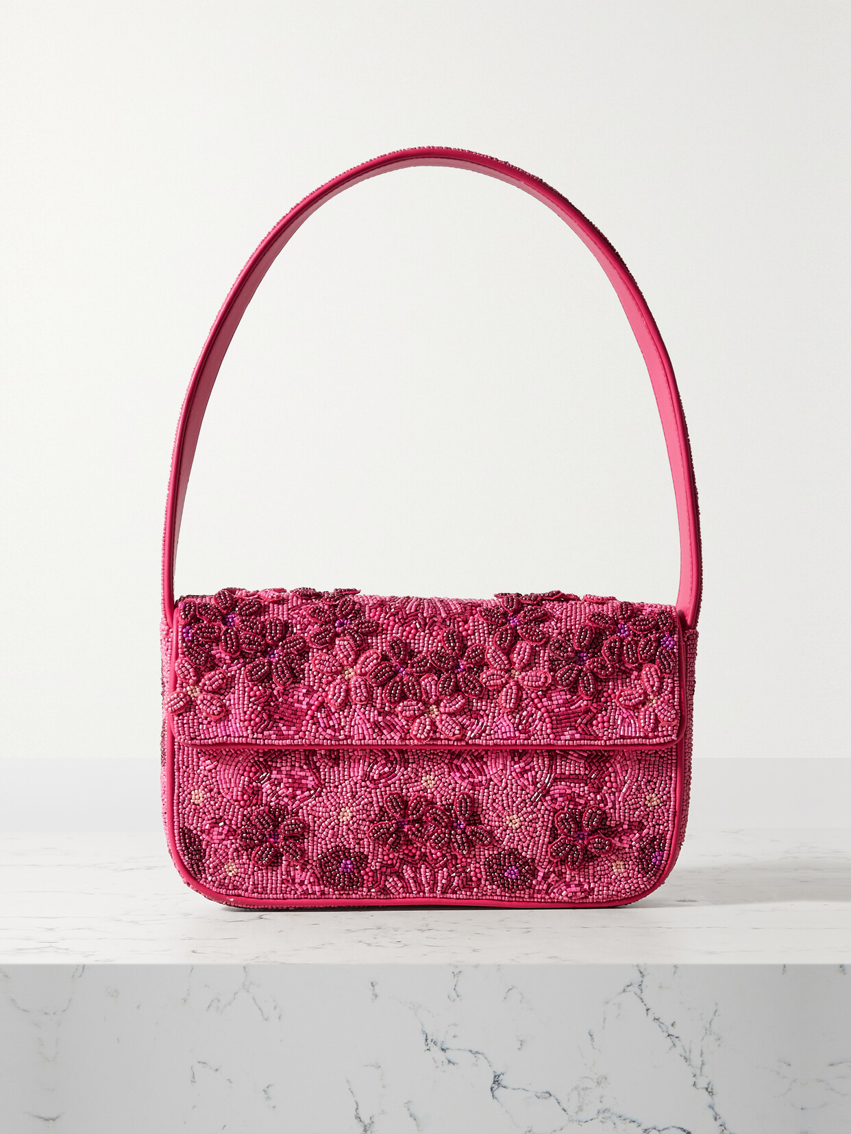 STAUD - Tommy Faux Leather-trimmed Beaded Satin Shoulder Bag - Pink