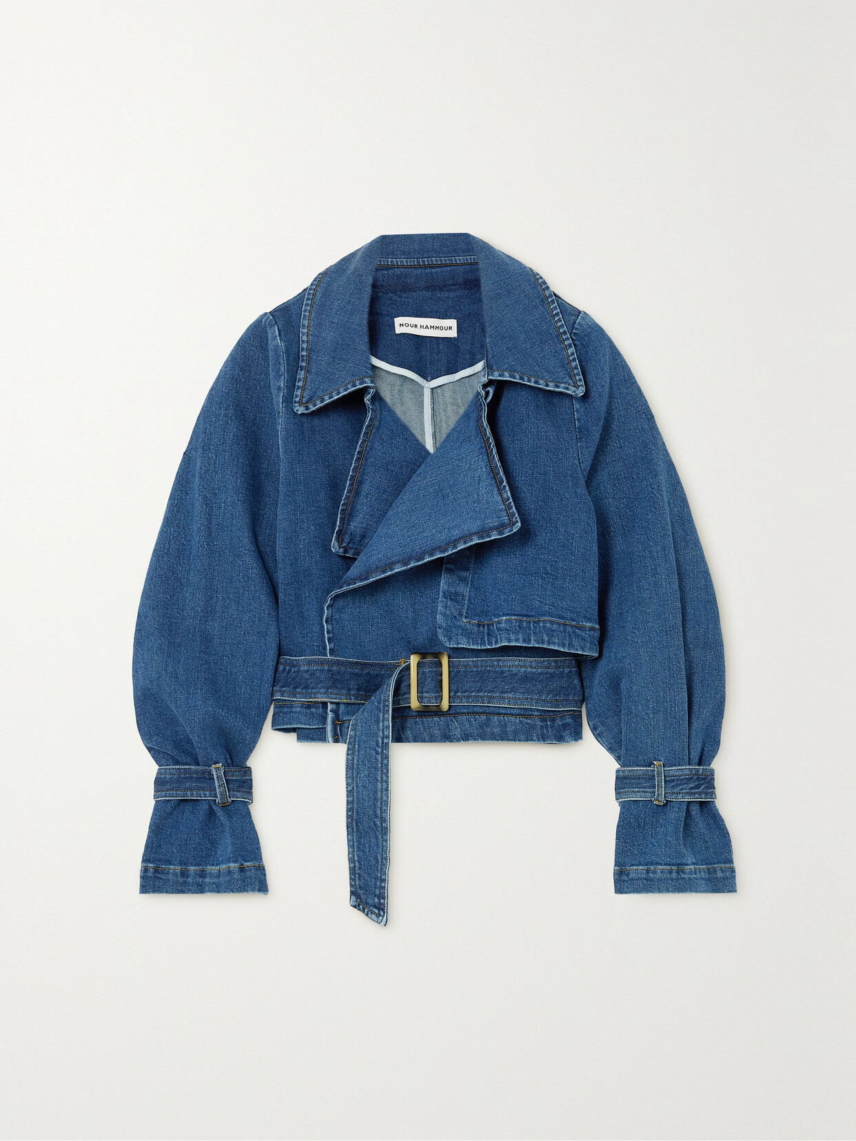 Nour Hammour Hatti Cropped Belted Denim Jacket In Blue