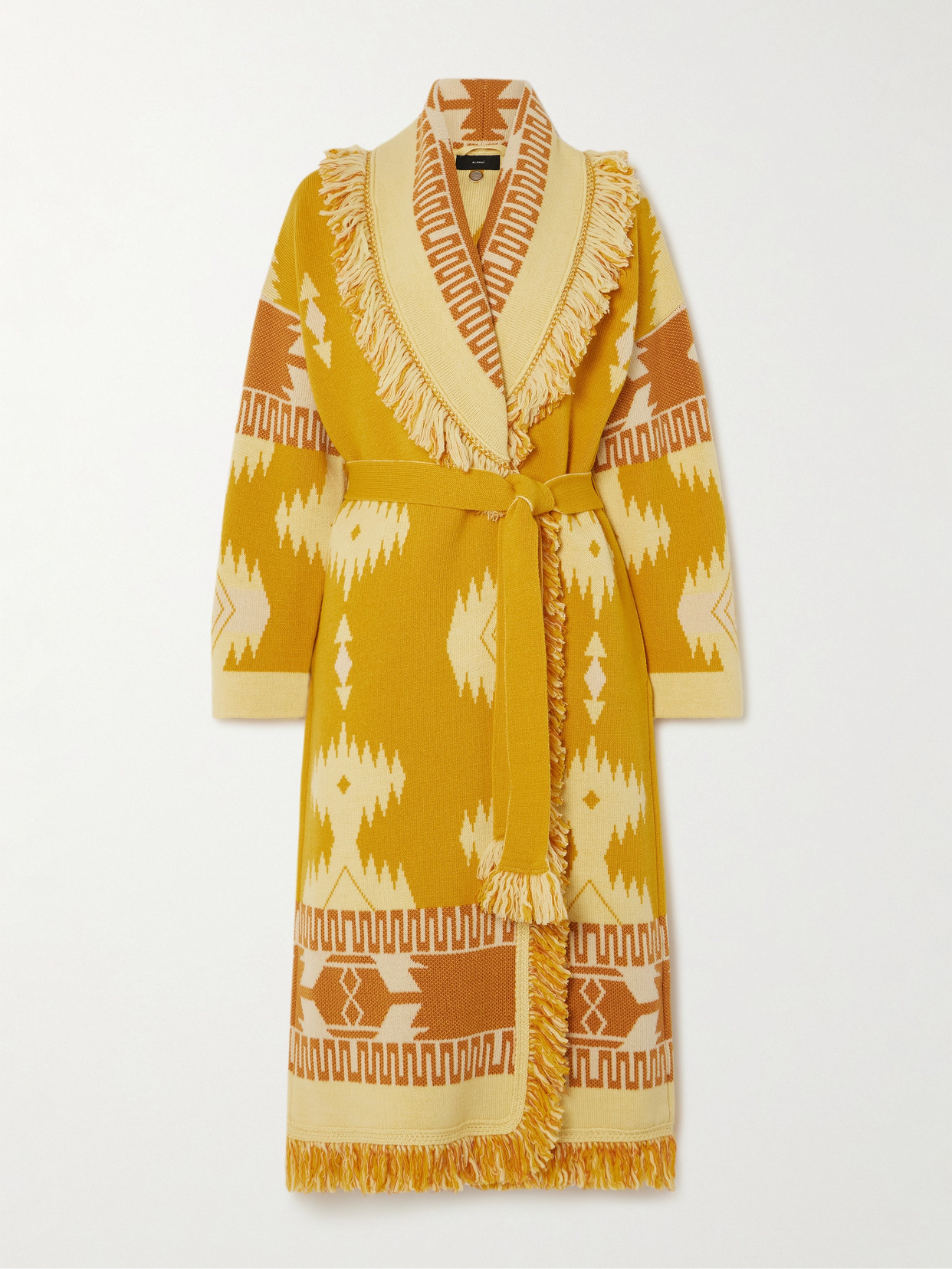 Alanui Icon Belted Fringed Wool Jacquard-knit Cardigan In Yellow