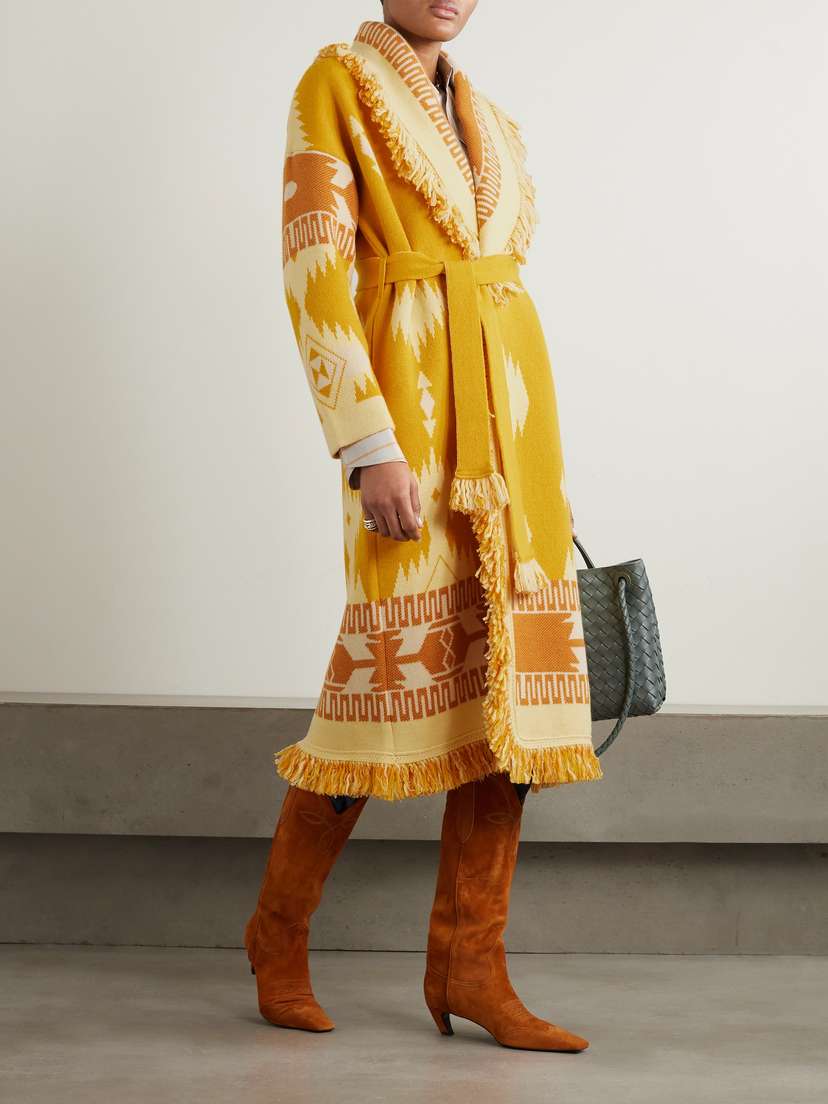 Alanui Icon Belted Fringed Wool Jacquard-knit Cardigan - back view in Yellow