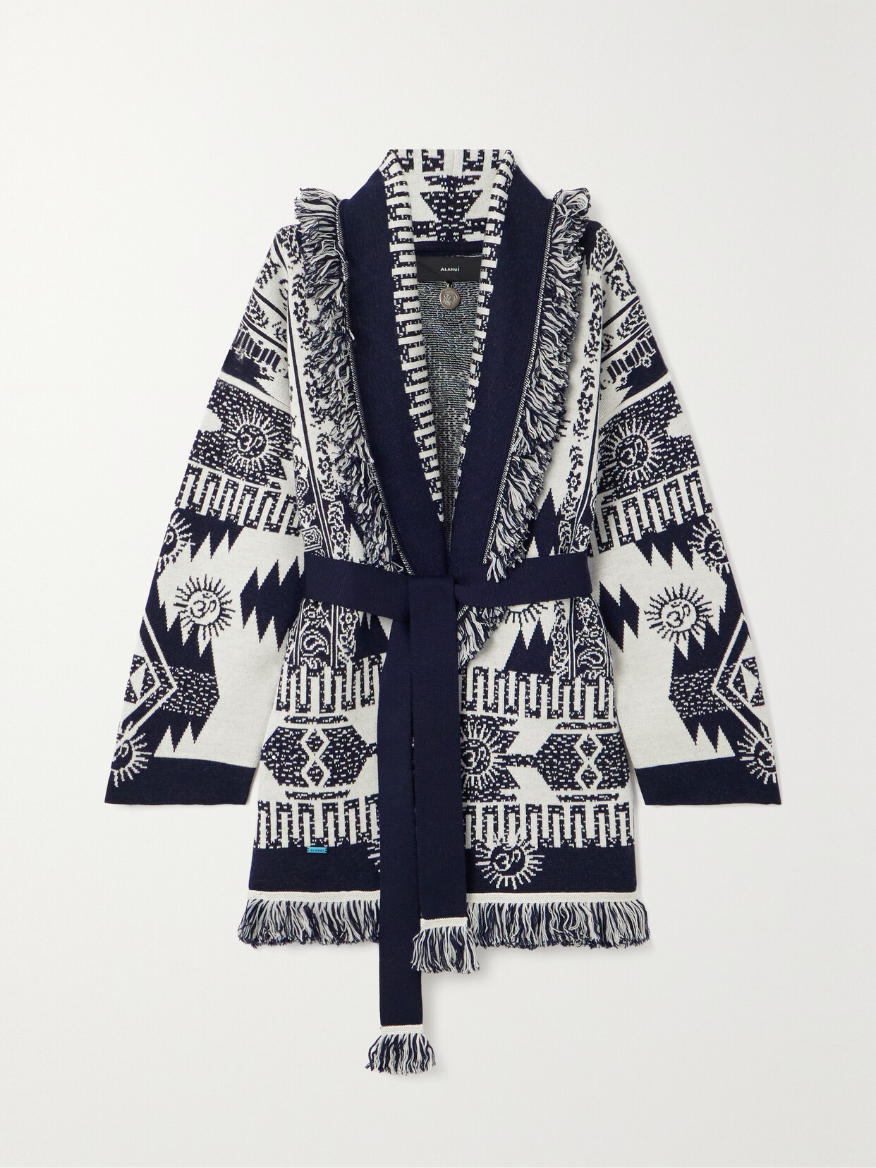 Shop Alanui Belted Fringed Wool-blend Jacquard Cardigan In Blue