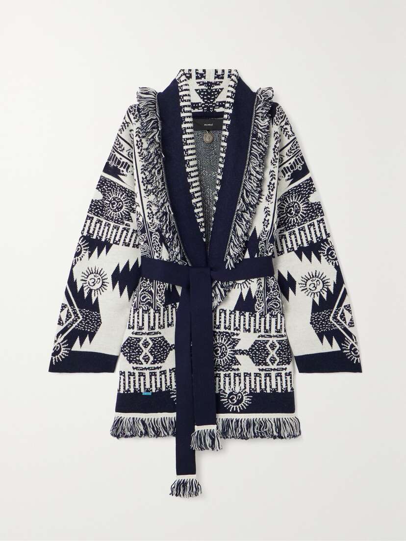 Alanui Belted Fringed Wool-blend Jacquard Cardigan - x large
