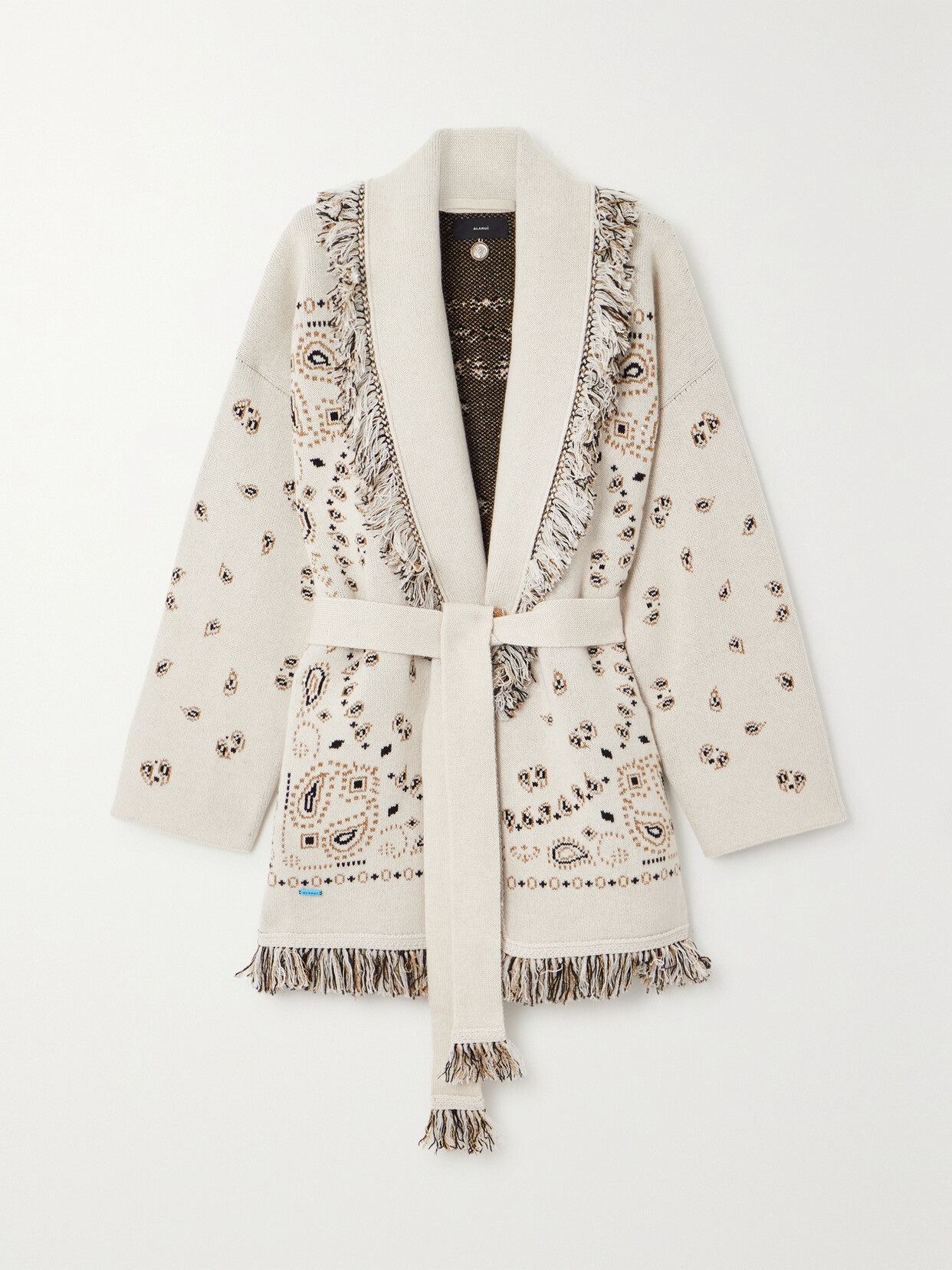 Shop Alanui Belted Fringed Cashmere And Linen-blend Jacquard Cardigan In Neutrals