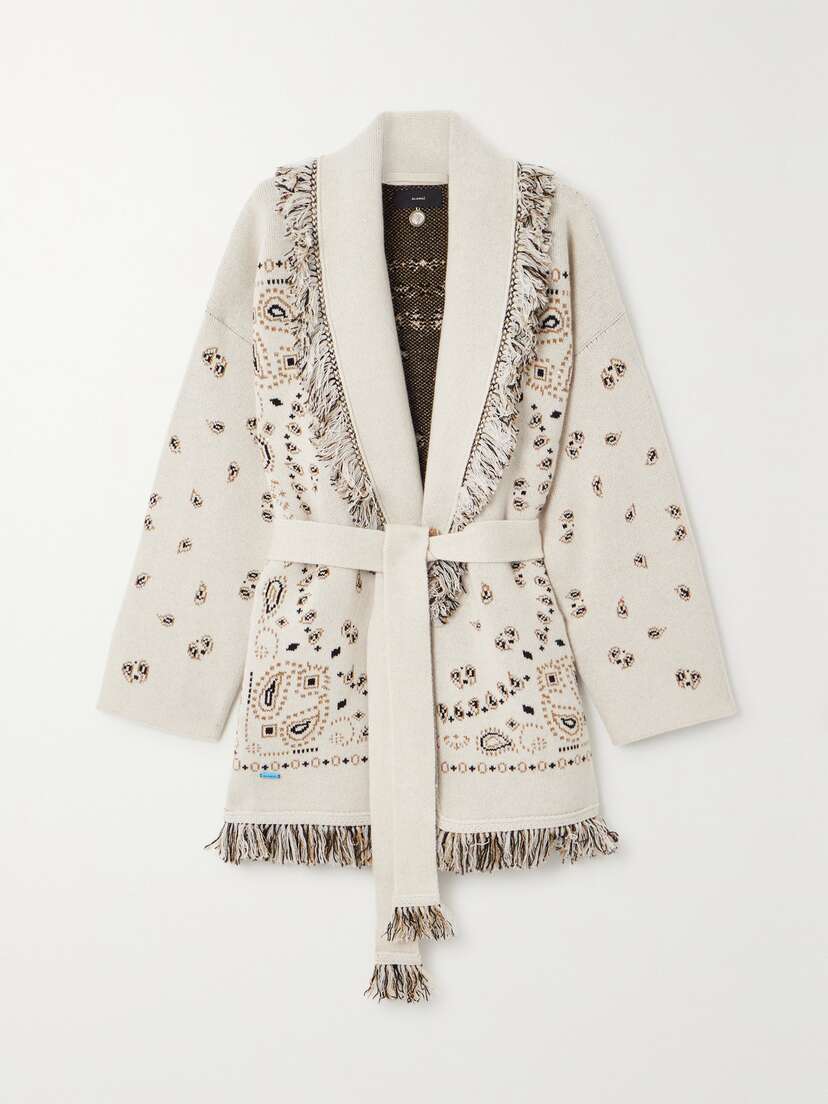 Alanui Belted Fringed Cashmere And Linen-blend Jacquard Cardigan
