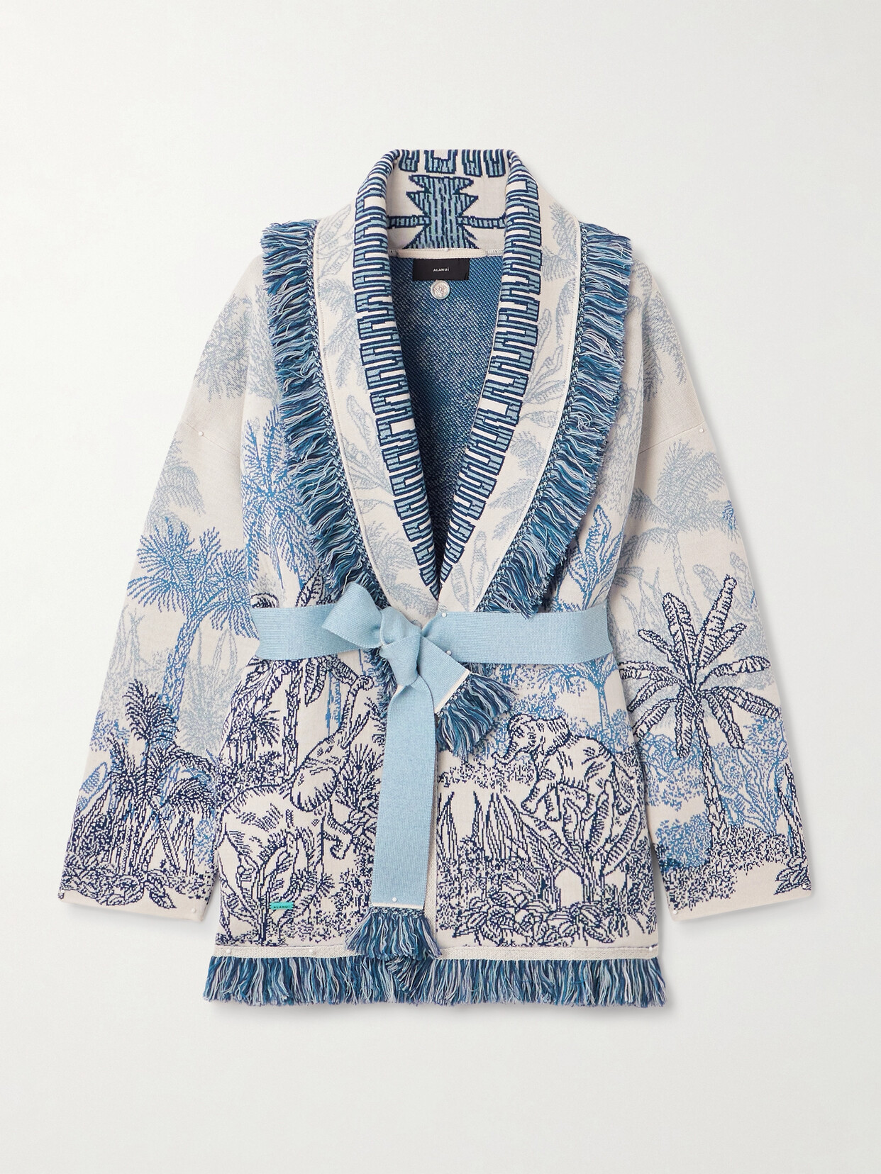 Alanui Icon Jungle Toile De Jouy Fringed Belted Wool, Cotton And Silk-blend Cardigan In Blue