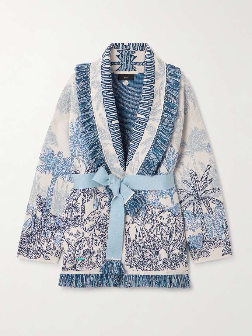 Alanui Icon Jungle Toile De Jouy Fringed Belted Wool, Cotton And Silk-blend Cardigan