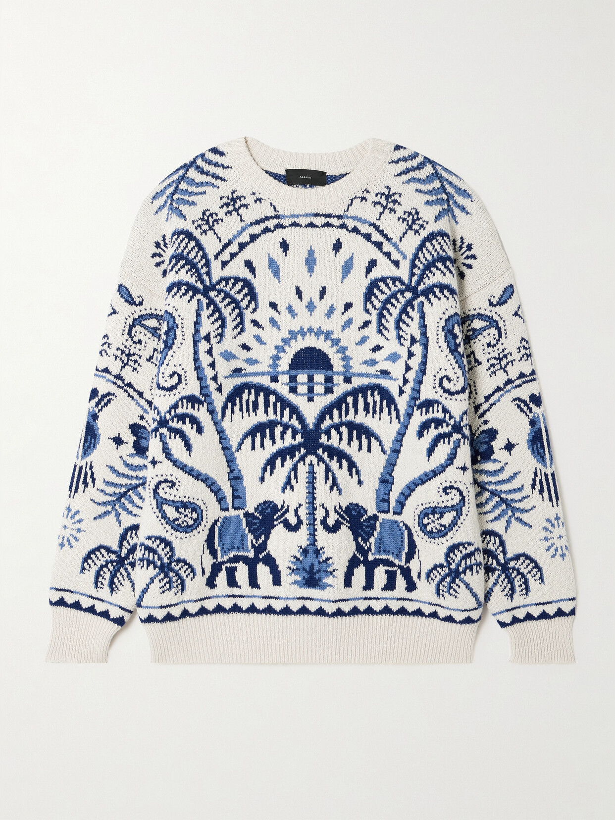 Shop Alanui Lush Nature Jacquard-knit Cotton And Wool-blend Sweater In Blue