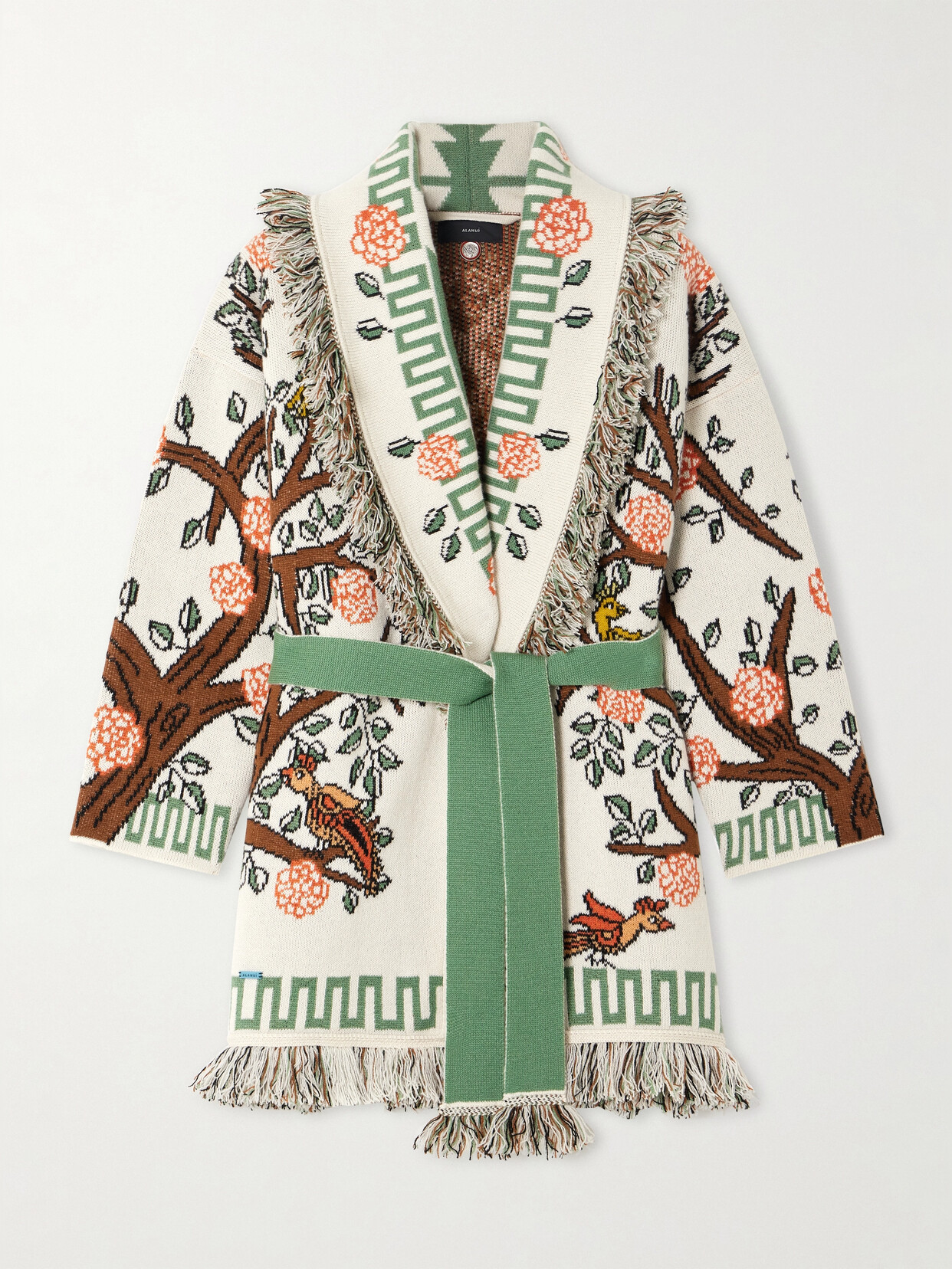 Shop Alanui Tree Of Life Belted Fringed Jacquard-knit Cashmere Cardigan In Multi