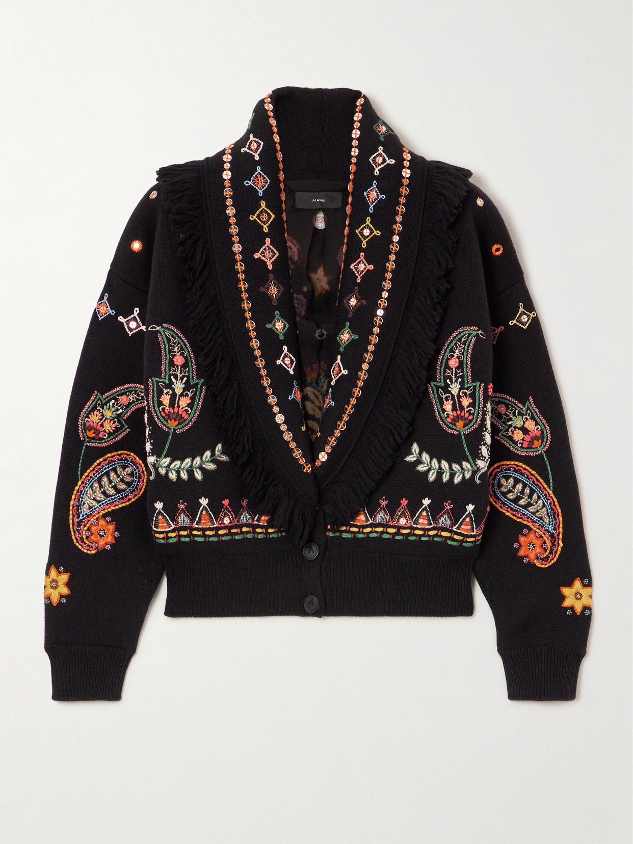 Alanui Inner Energy Fringed Embroidered Embellished Wool Cardigan In Black