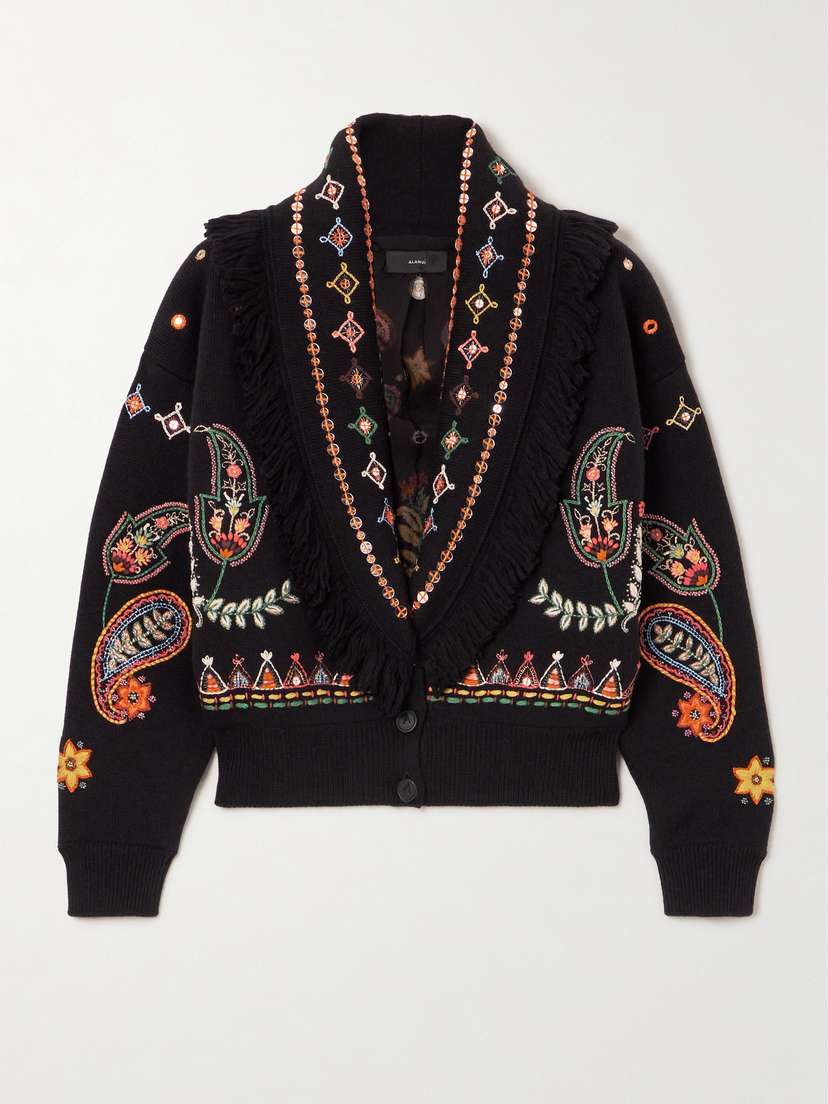 Alanui Inner Energy Fringed Embroidered Embellished Wool Cardigan