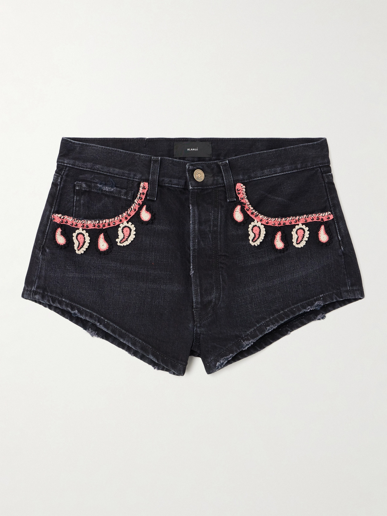 Alanui Inner Energy Crochet-trimmed Denim Shorts In Black